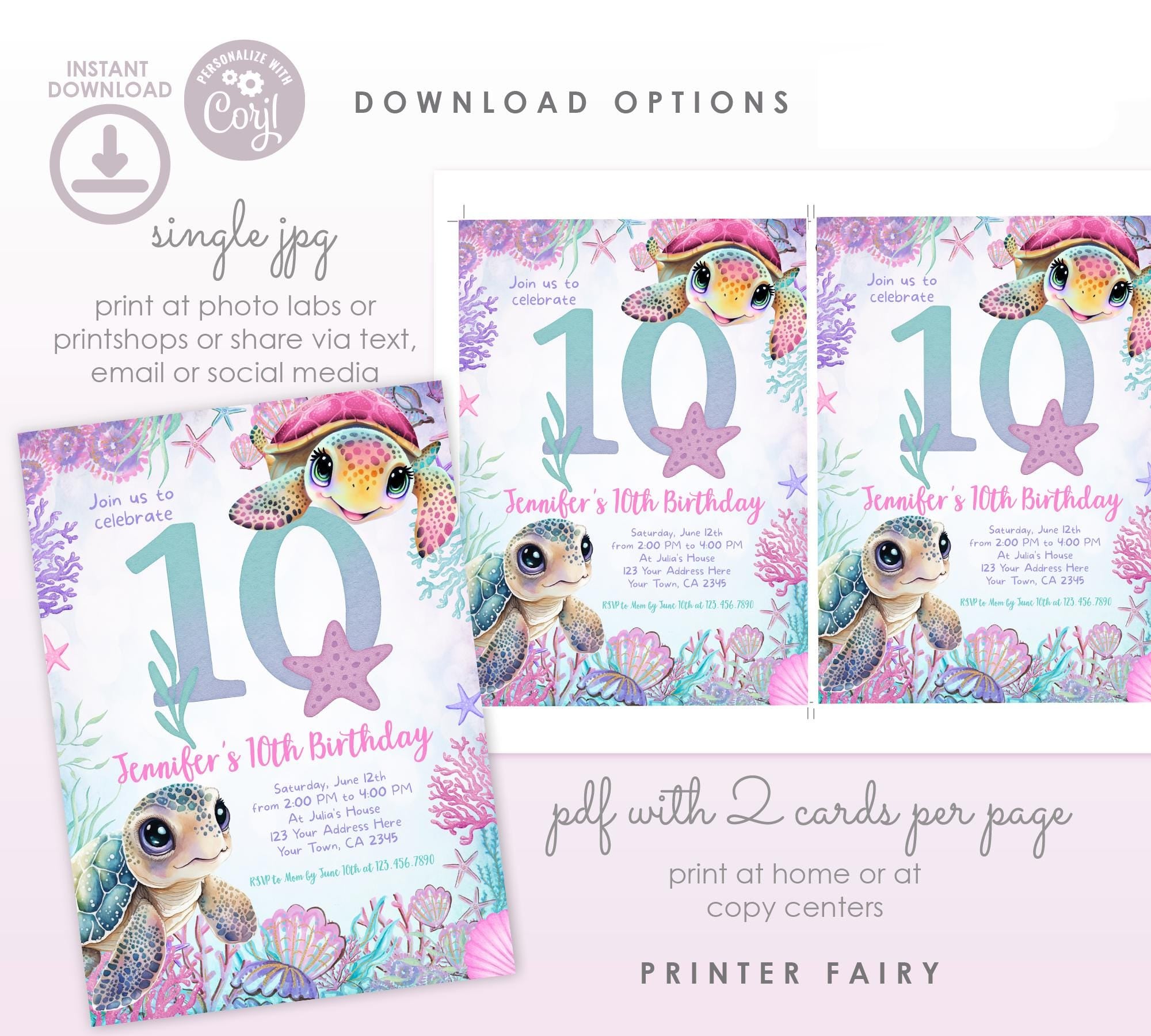 Sea Turtle 10th Birthday Invitation, Under the Sea Party (Instant Download)