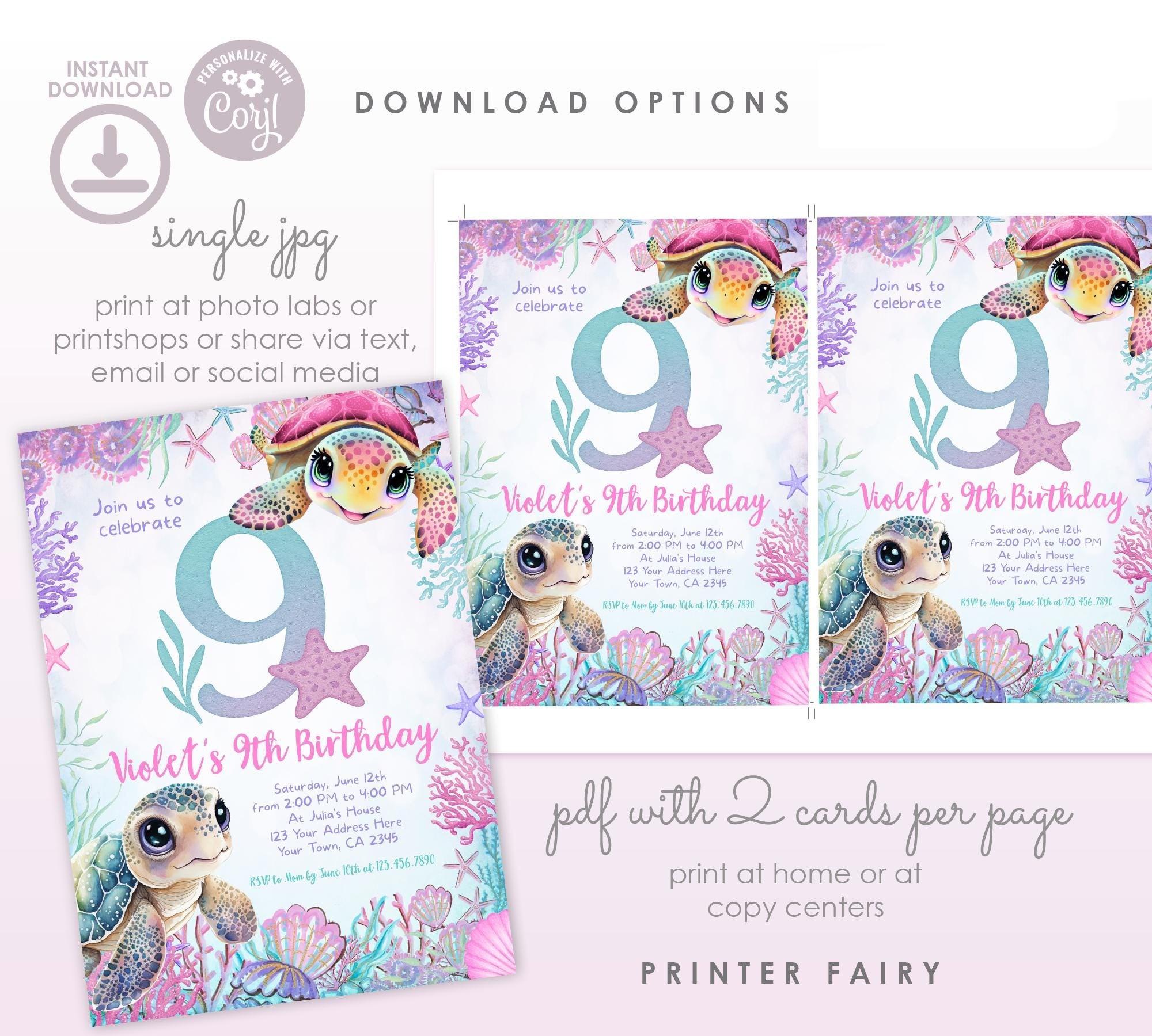 Sea Turtle 9th Birthday Invitation, Under the Sea Party (Instant Download)