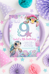 Sea Turtle 9th Birthday Invitation, Under the Sea Party (Instant Download)