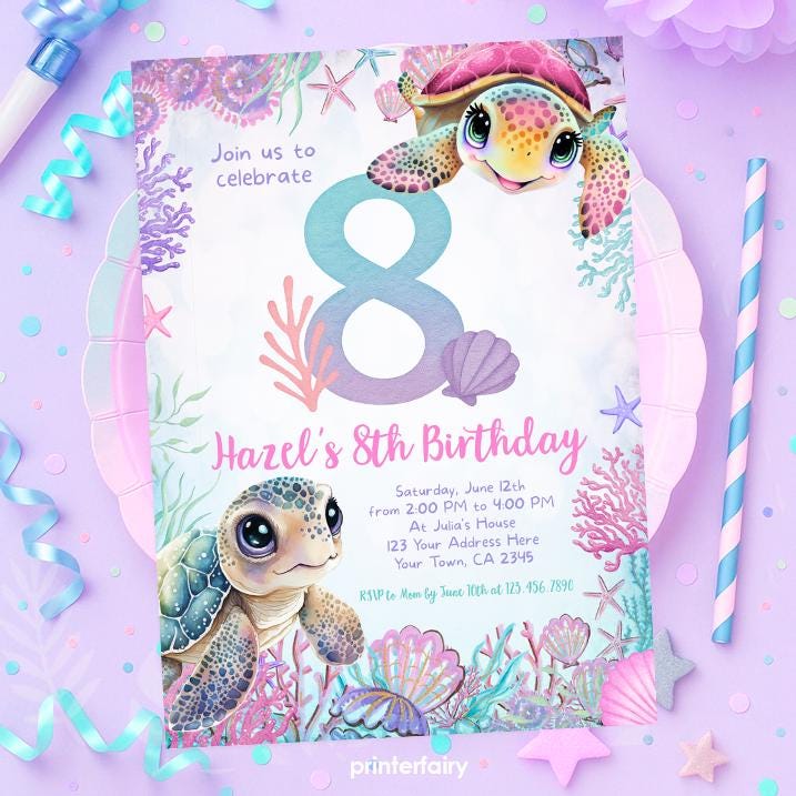 Sea Turtle 8th Birthday Invitation, Under the Sea Party (Instant Download)