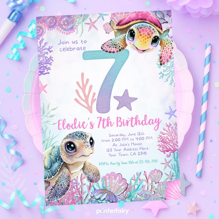 Sea Turtle 7th Birthday Invitation, Under the Sea Party (Instant Download)