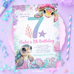 Sea Turtle 7th Birthday Invitation, Under the Sea Party (Instant Download)