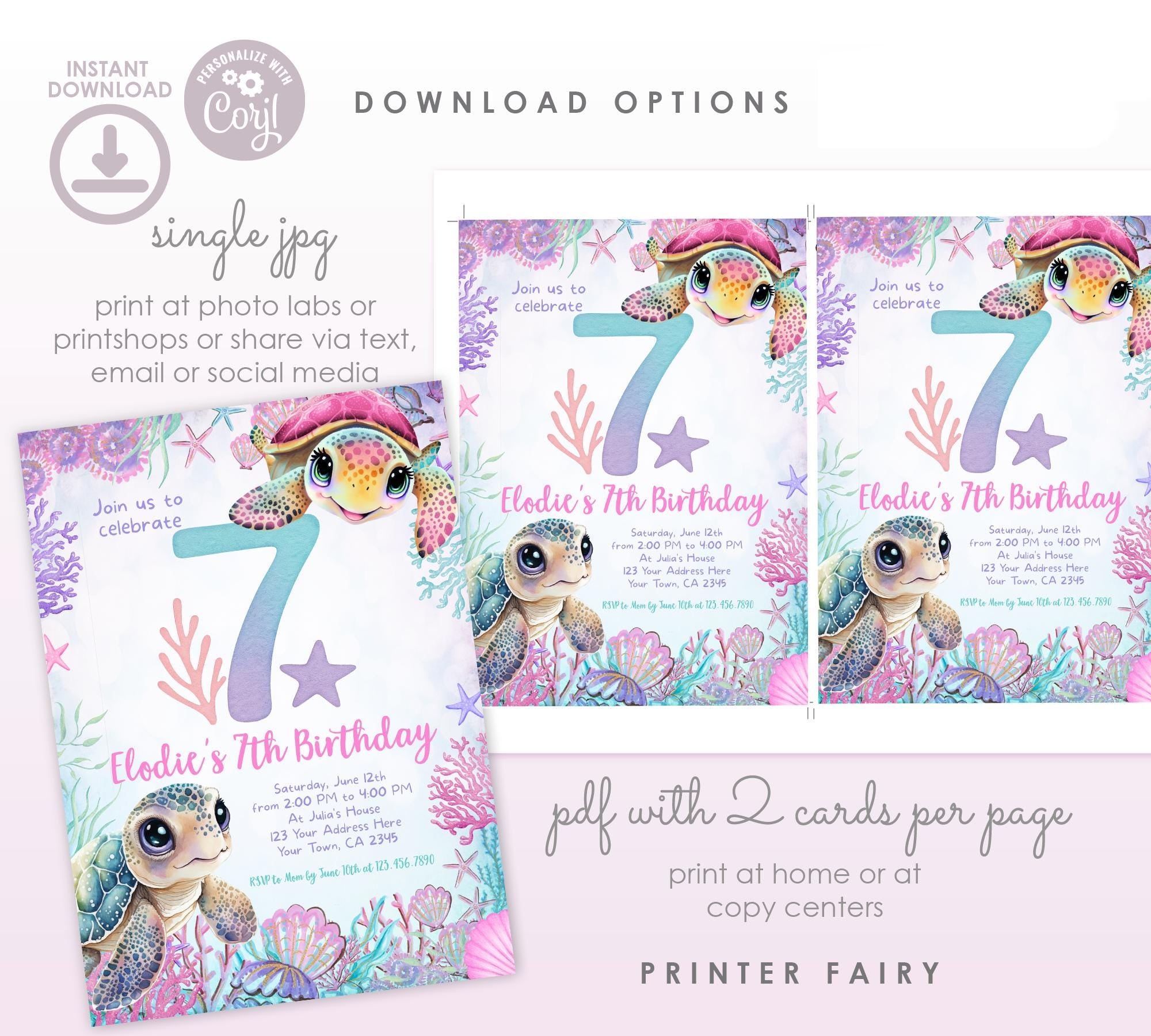 Sea Turtle 7th Birthday Invitation, Under the Sea Party (Instant Download)