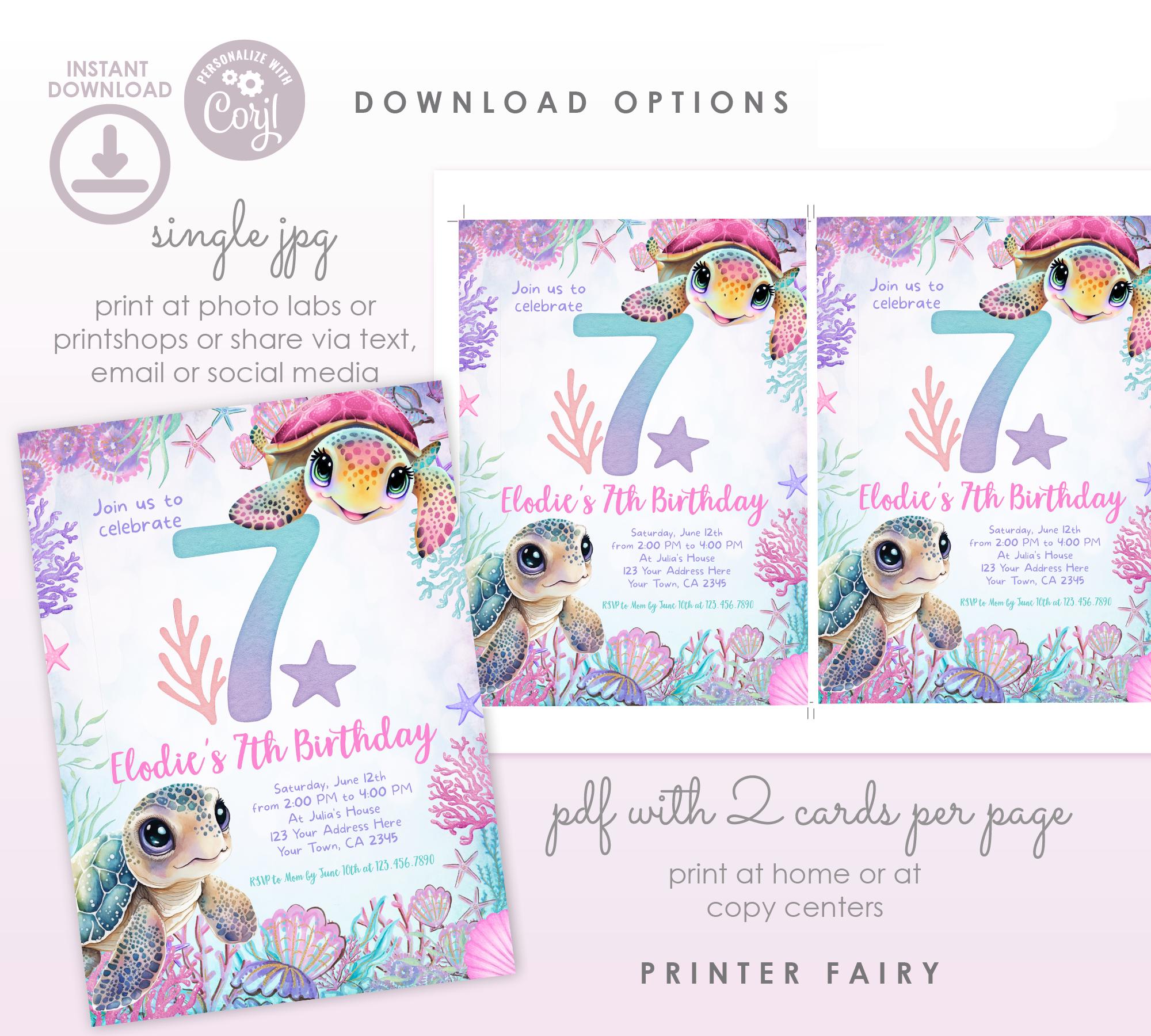 Sea Turtle 7th Birthday Invitation, Under the Sea Party (Instant Download)