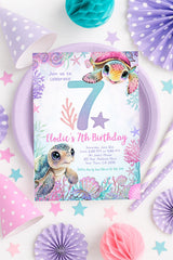 Sea Turtle 7th Birthday Invitation, Under the Sea Party (Instant Download)