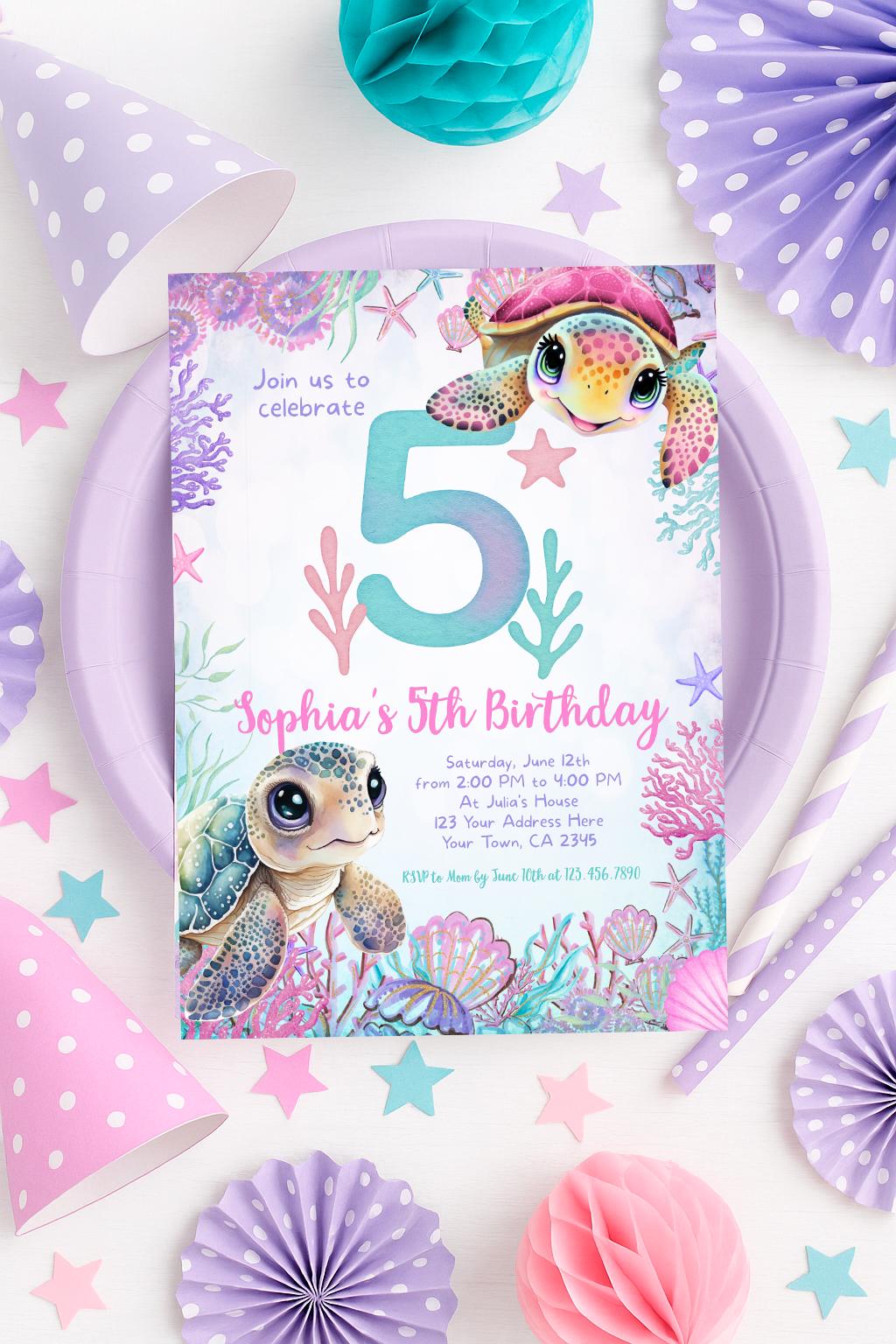 Sea Turtle 5th Birthday Invitation, Under the Sea Party (Instant Download)