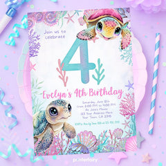 Sea Turtle 4th Birthday Invitation, Under the Sea Party (Instant Download)