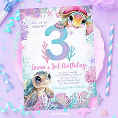 Sea Turtle 3rd Birthday Invitation, Under the Sea Party (Instant Download)
