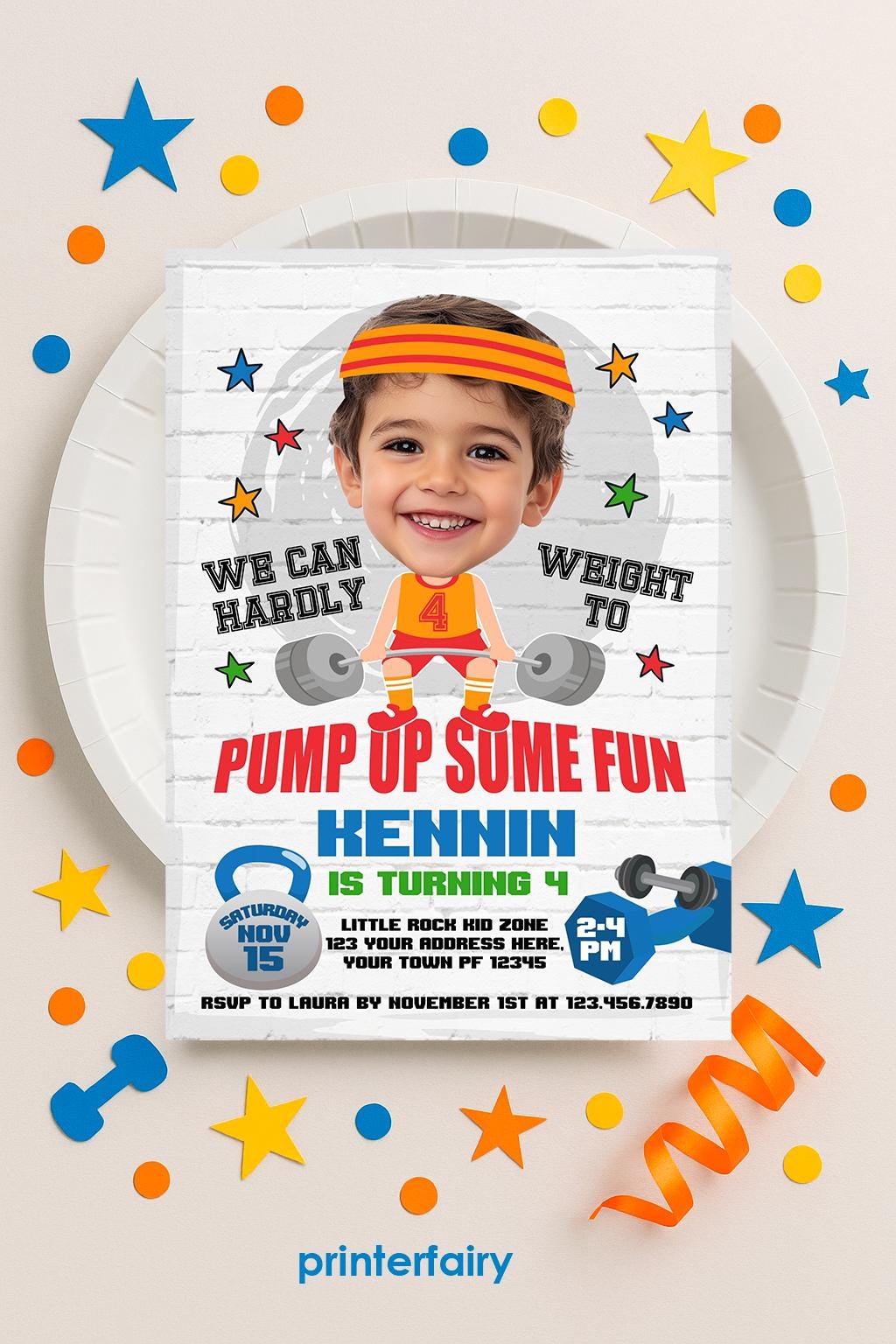 Fitness Gym Party Invitation Editable Template, Strong Boy Invitation for Any Age, Instant Download