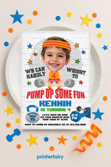 Fitness Gym Party Invitation Editable Template, Strong Boy Invitation for Any Age, Instant Download