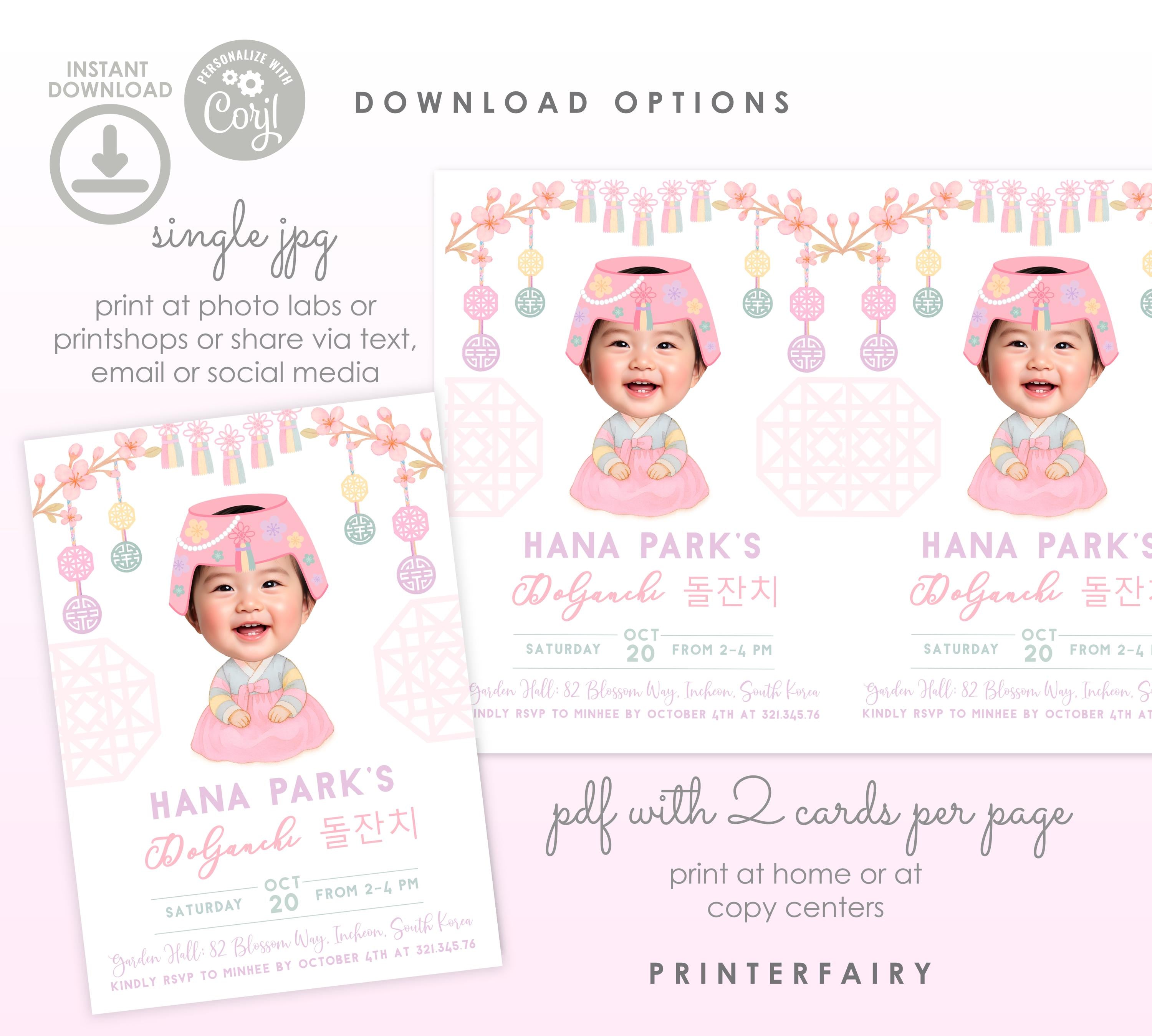 Doljanchi Invitation EDITABLE Template, Korean 1st Birthday Girl Invites, Instant Download