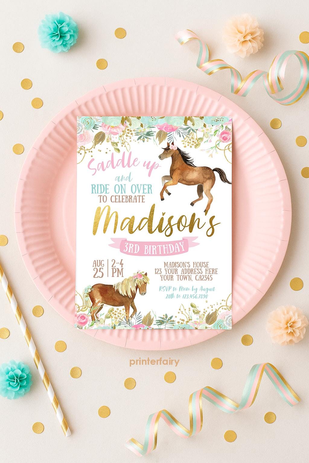 Floral Horse Birthday Invitation, Girl Cowgirl Party (INSTANT DOWNLOAD)