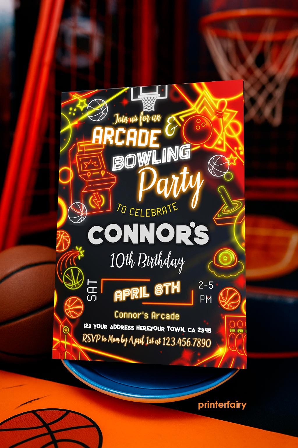 Neon Glow Arcade Basketball Bowling Party Invitation: Gaming, Bowling, Sports Birthday Editable Invite Template