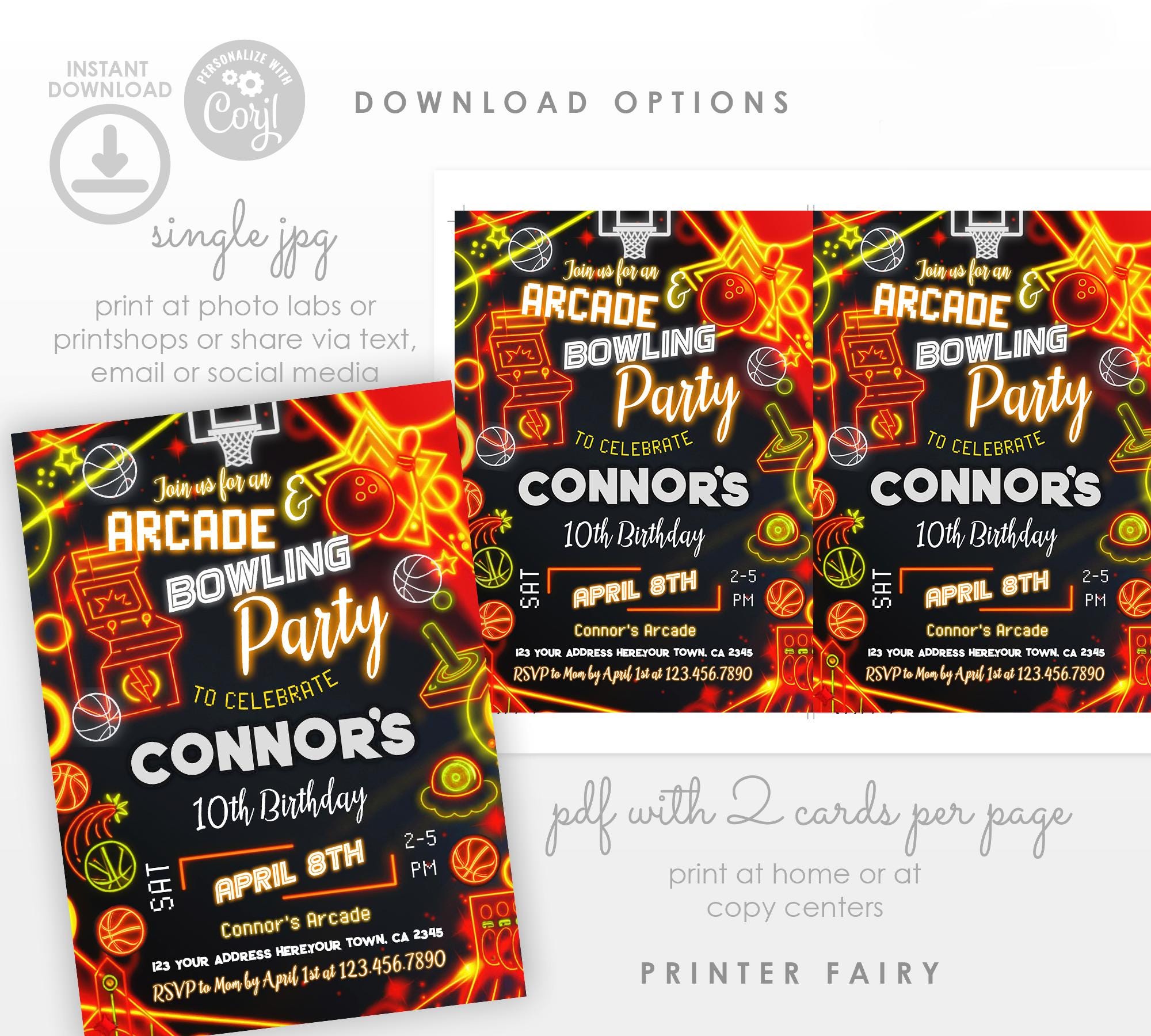 Neon Glow Arcade Basketball Bowling Party Invitation: Gaming, Bowling, Sports Birthday Editable Invite Template