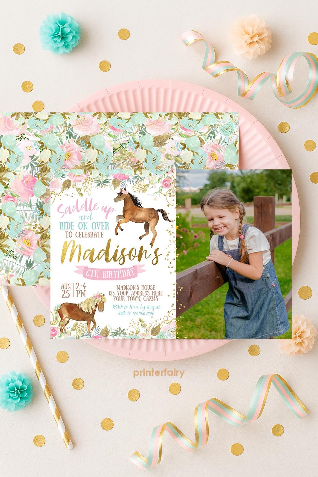 Floral Horse Birthday Invitation, Photo Girl, Cowgirl Party (INSTANT DOWNLOAD)