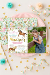 Floral Horse Birthday Invitation, Photo Girl, Cowgirl Party (INSTANT DOWNLOAD)
