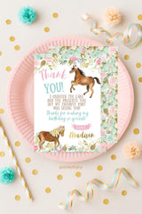 Floral Horse Thank You Cards, Girl Birthday (EDITABLE, INSTANT DOWNLOAD)