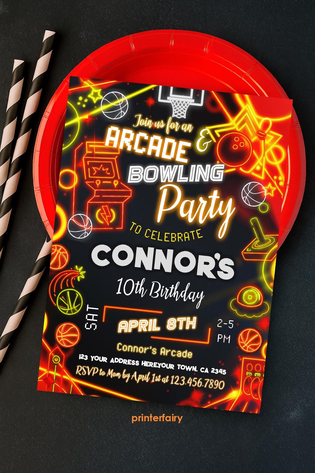 Neon Glow Arcade Basketball Bowling Party Invitation: Gaming, Bowling, Sports Birthday Editable Invite Template