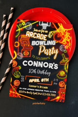 Neon Glow Arcade Basketball Bowling Party Invitation: Gaming, Bowling, Sports Birthday Editable Invite Template