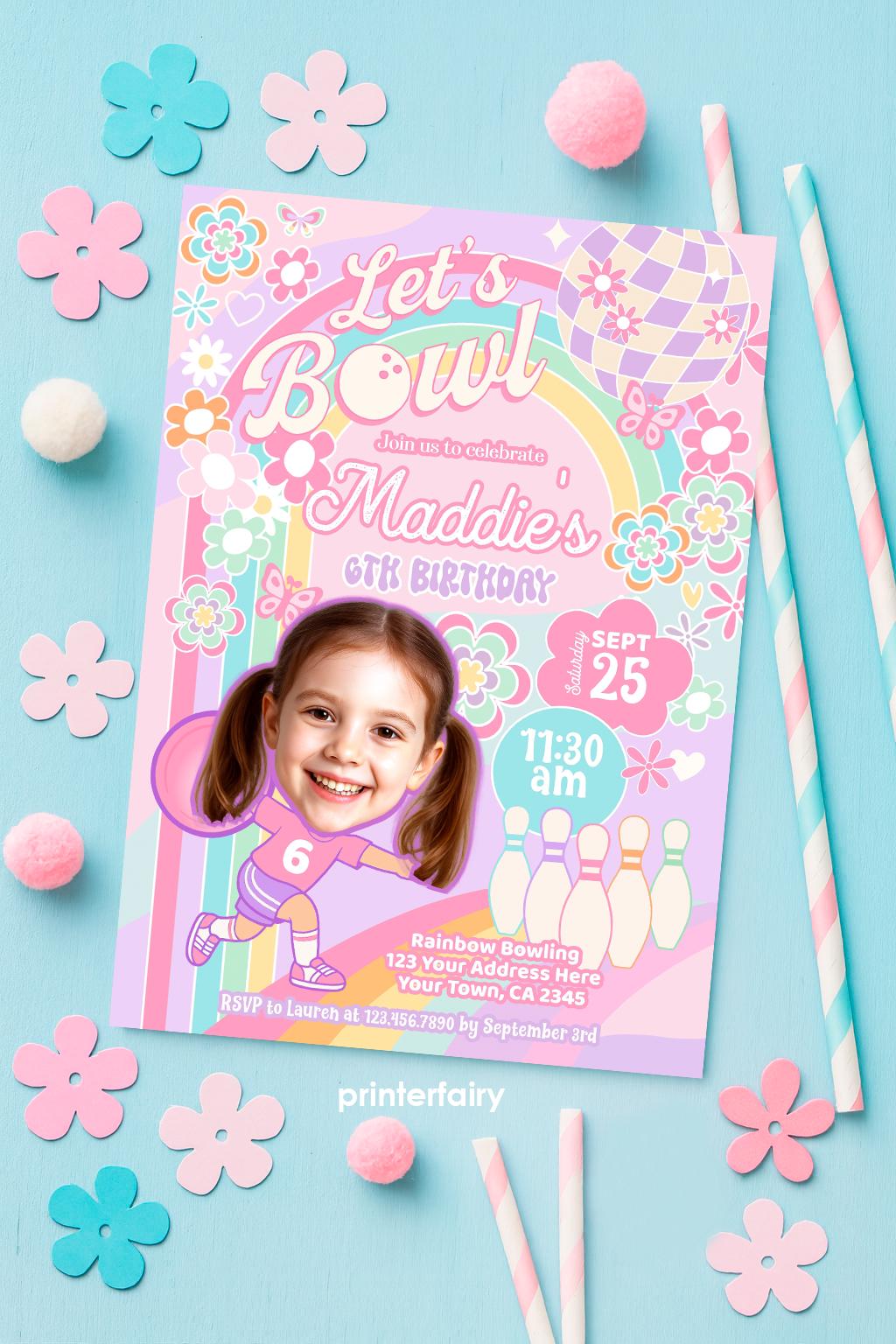 Rainbow Bowling Birthday Invitation, Photo Template (Instant Download)