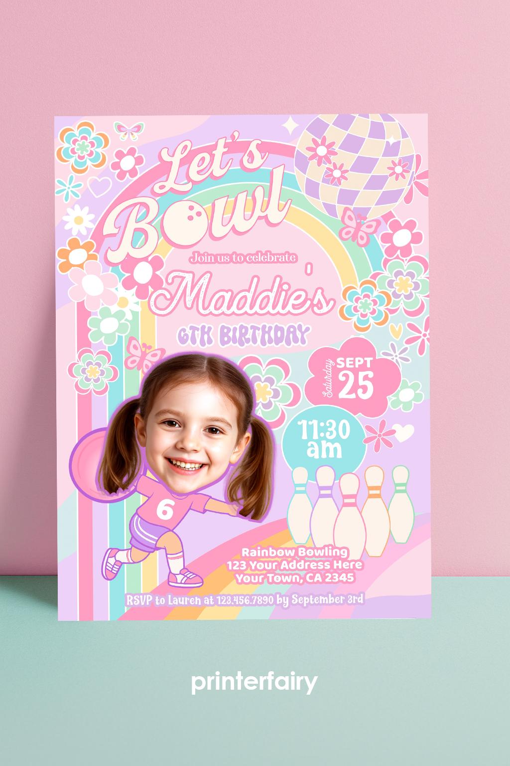 Rainbow Bowling Birthday Invitation, Photo Template (Instant Download)