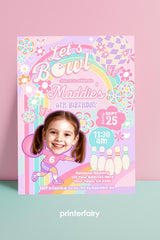 Rainbow Bowling Birthday Invitation, Photo Template (Instant Download)