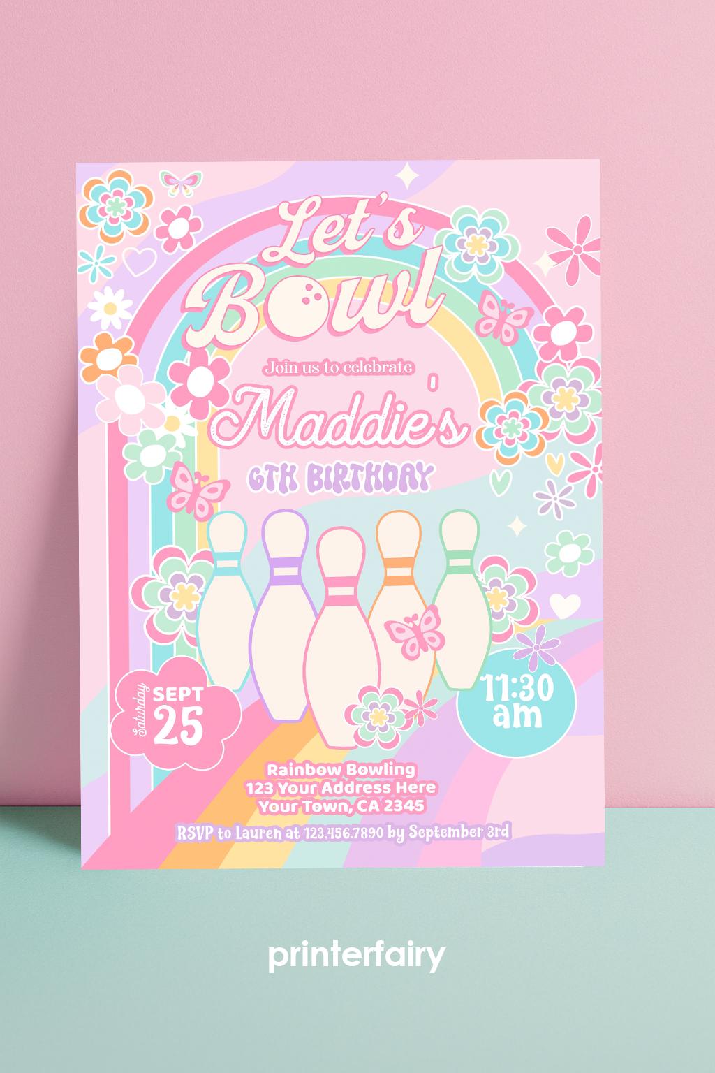 Rainbow Bowling Birthday Invitation, Editable Template (Digital Download)