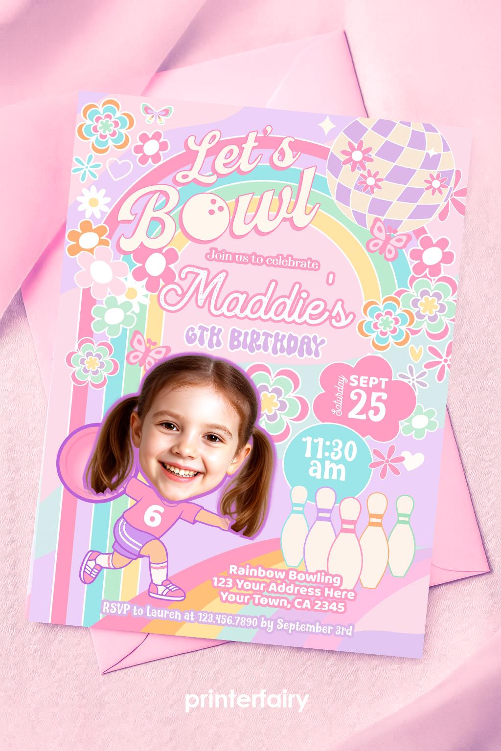 Rainbow Bowling Birthday Invitation, Photo Template (Instant Download)