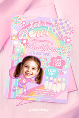 Rainbow Bowling Birthday Invitation, Photo Template (Instant Download)