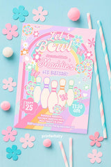 Rainbow Bowling Birthday Invitation, Editable Template (Digital Download)
