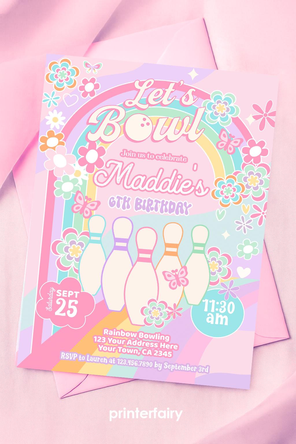 Rainbow Bowling Birthday Invitation, Editable Template (Digital Download)