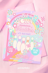 Rainbow Bowling Birthday Invitation, Editable Template (Digital Download)