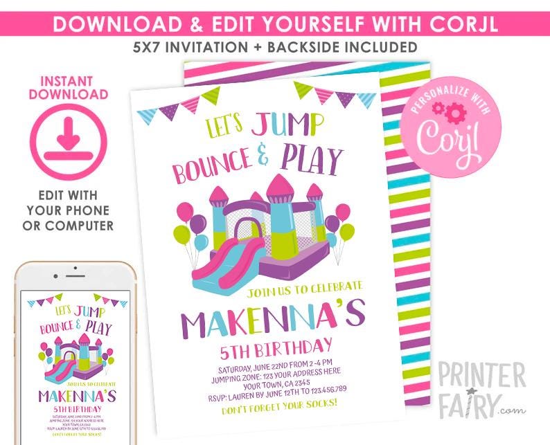 Trampoline Birthday Party Invitation, Editable Bounce House Invite (Digital)