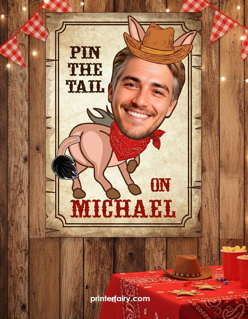 Pin the tail on the Donkey Western Party Game with your photo, Bachelorette Party Printable Design