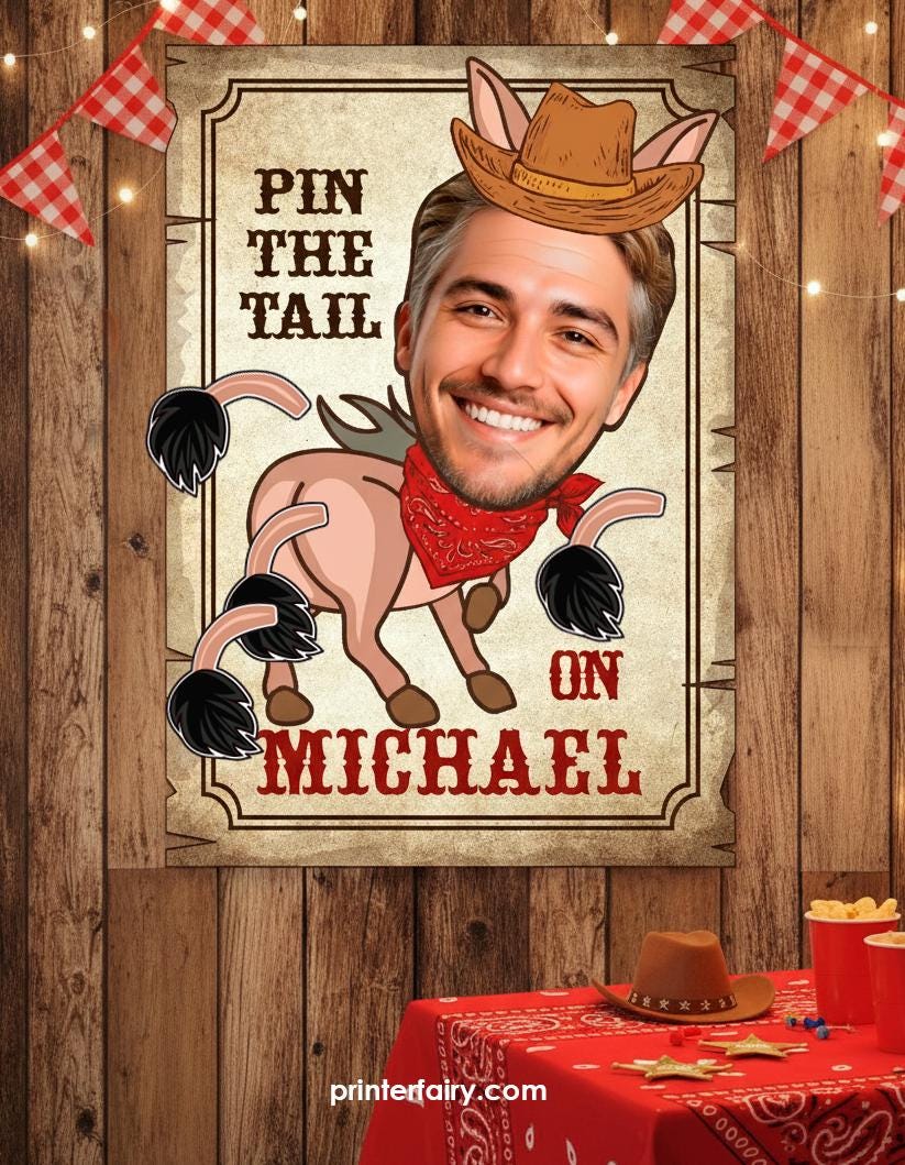Pin the tail on the Donkey Western Party Game with your photo, Bachelorette Party Printable Design