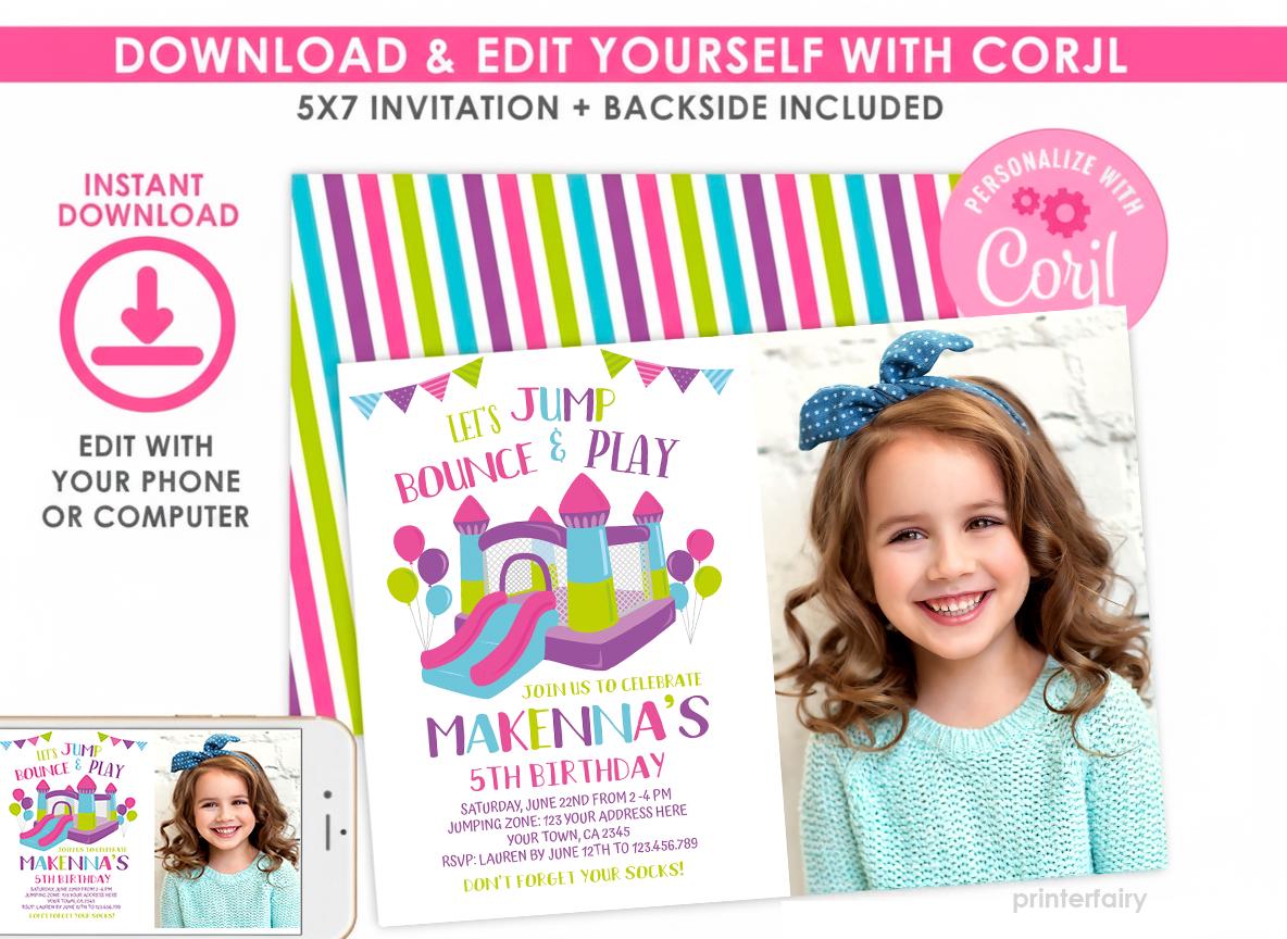 Trampoline Park Party Invitation with Photo, Editable Template, Instant Download