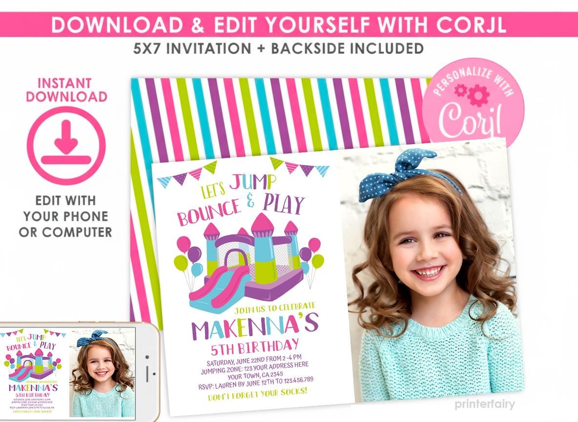 Trampoline Park Party Invitation with Photo, Editable Template, Instant Download