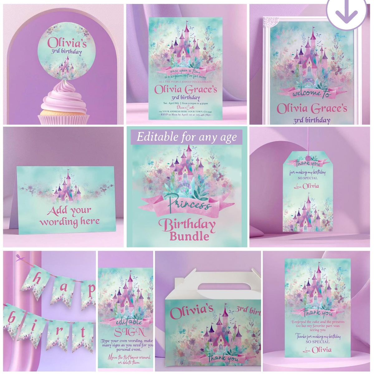 Princess Birthday Party Kit Editable Templates, Instant Download