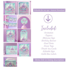 Princess Birthday Party Kit Editable Templates, Instant Download