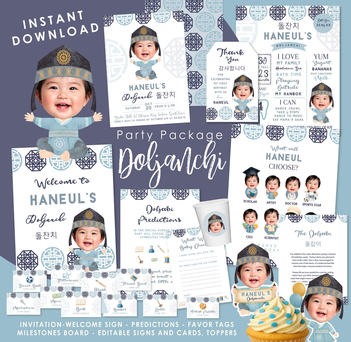 Korean 1st Birthday Boy Doljabi Party Package Personalized Editable Templates, Instant Download