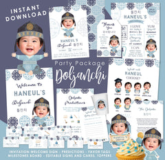 Korean 1st Birthday Boy Doljabi Party Package Personalized Editable Templates, Instant Download
