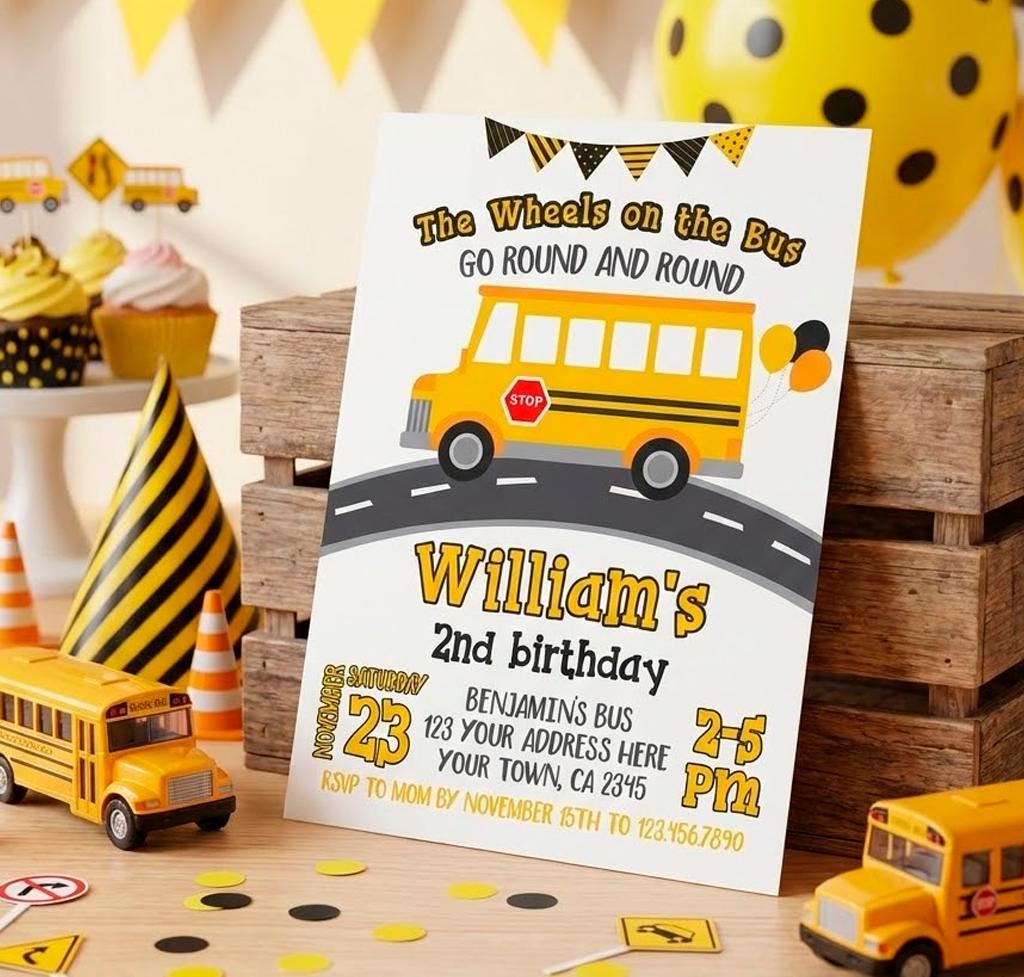 Wheels on the Bus Birthday Invitation, Editable Yellow Bus (Digital Download)