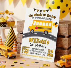 Wheels on the Bus Birthday Invitation, Editable Yellow Bus (Digital Download)