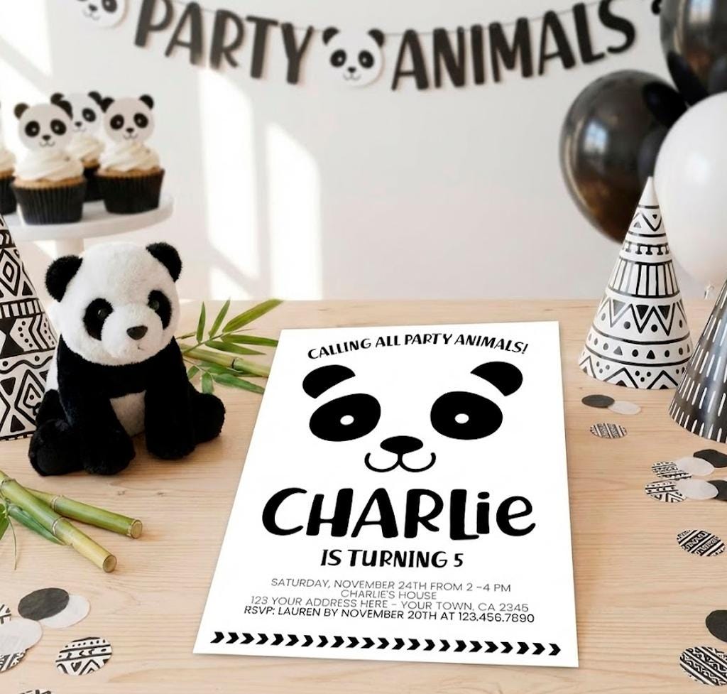 Panda Birthday Party Invitation Editable Template, Any age and wording, Instant Download
