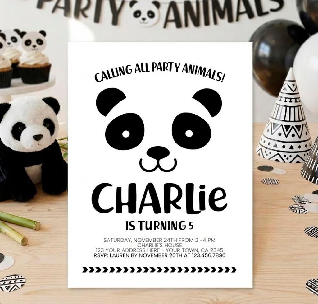 Panda Birthday Party Invitation Editable Template, Any age and wording, Instant Download