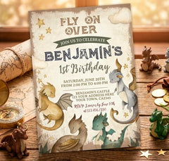 Dragon Party 1st Birthday Invitation Editable Template for any age, Instant Download