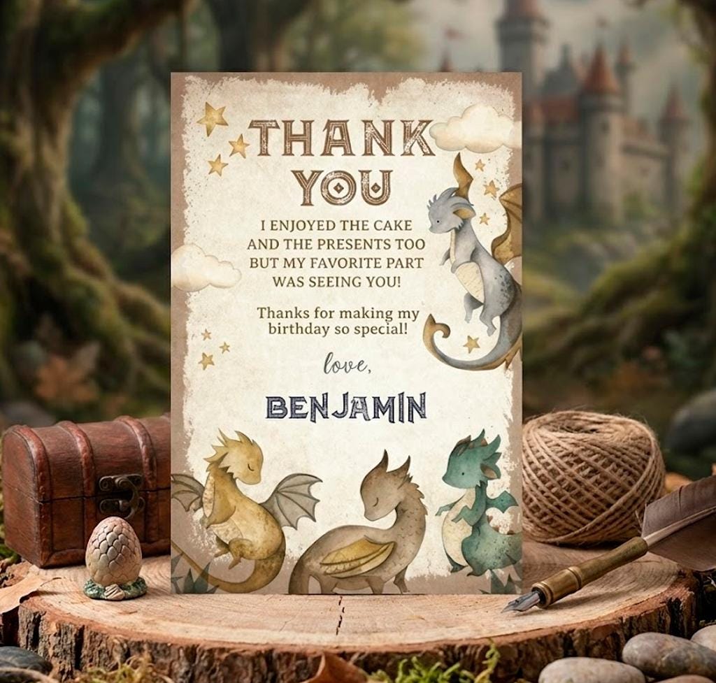 Dragon Birthday Party Thank You Cards Editable Template, Instant Download