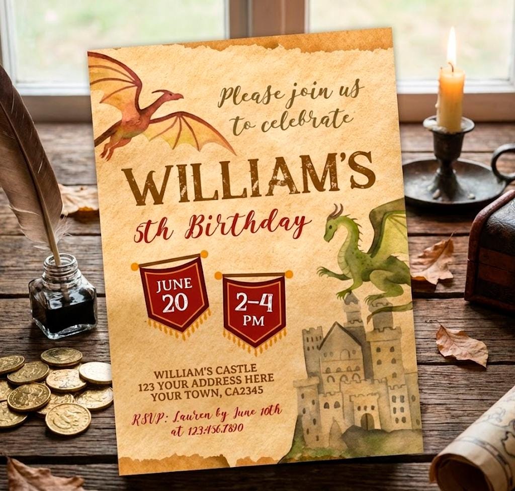 Dragon Birthday Party Theme Invitation Editable Template, Digital, Instant Download