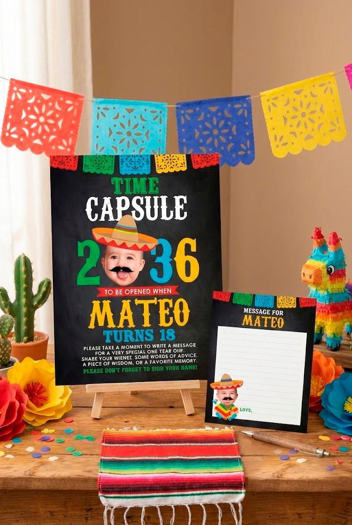 Mexican Fiesta Birthday Time Capsule with Photo Personalized Sign + Card, Digital Design