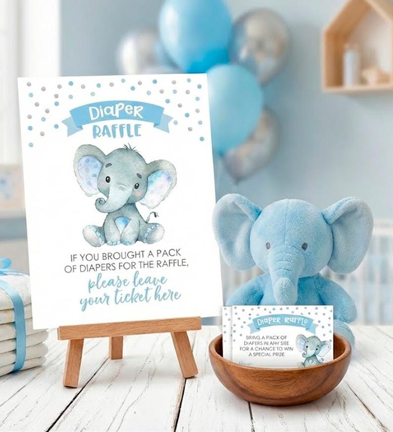 Elephant Baby Shower Diaper Raffle Ticket and Sign Editable Templates, Instant Download